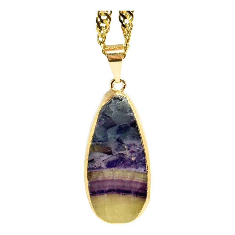 Collar Piedra Natural Fluorita Arcoiris + Cadena Acero Gold Fluorita Arcoiris