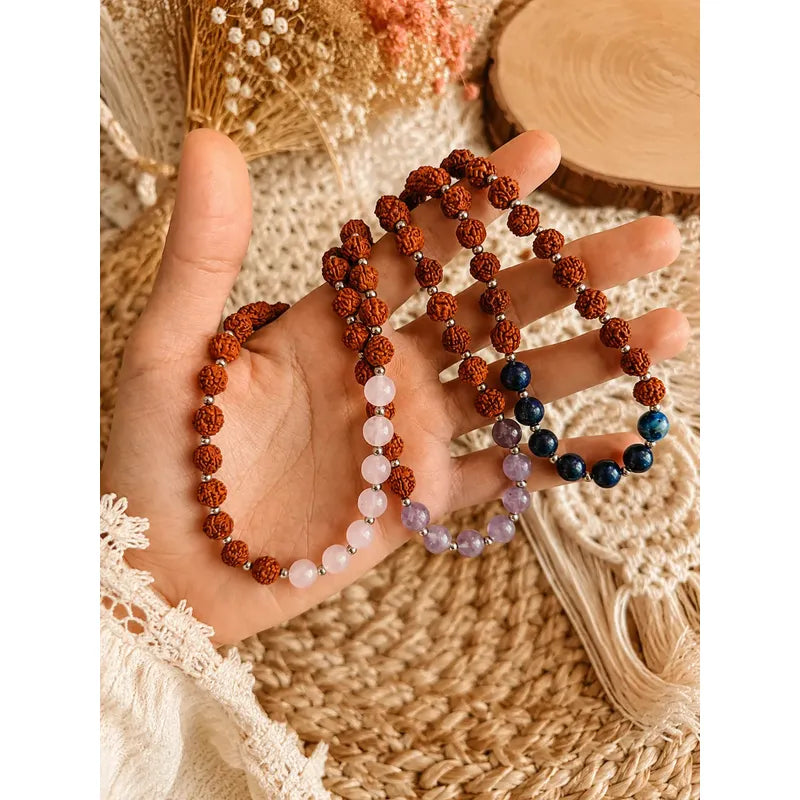 Collar Choker Mini Cuentas Piedras Naturales Delicado 40 Cm Rudraksha Y Amazonita 8 Mm.