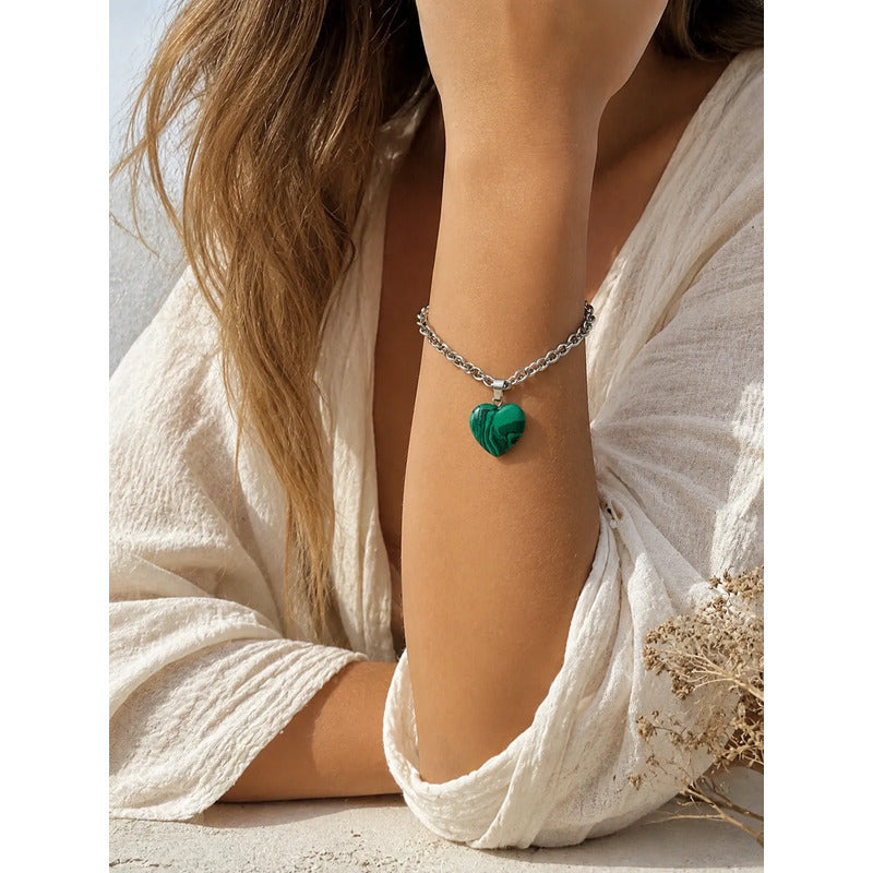 Pulsera De Piedras Naturales Energéticas Corazón Malaquita 8 Cm 18 Cm