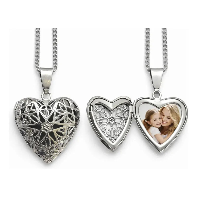 Collar Relicario Corazón Para Fotos Mini 20x20 Mm Con Cadena Corazón Calado 30 Mm
