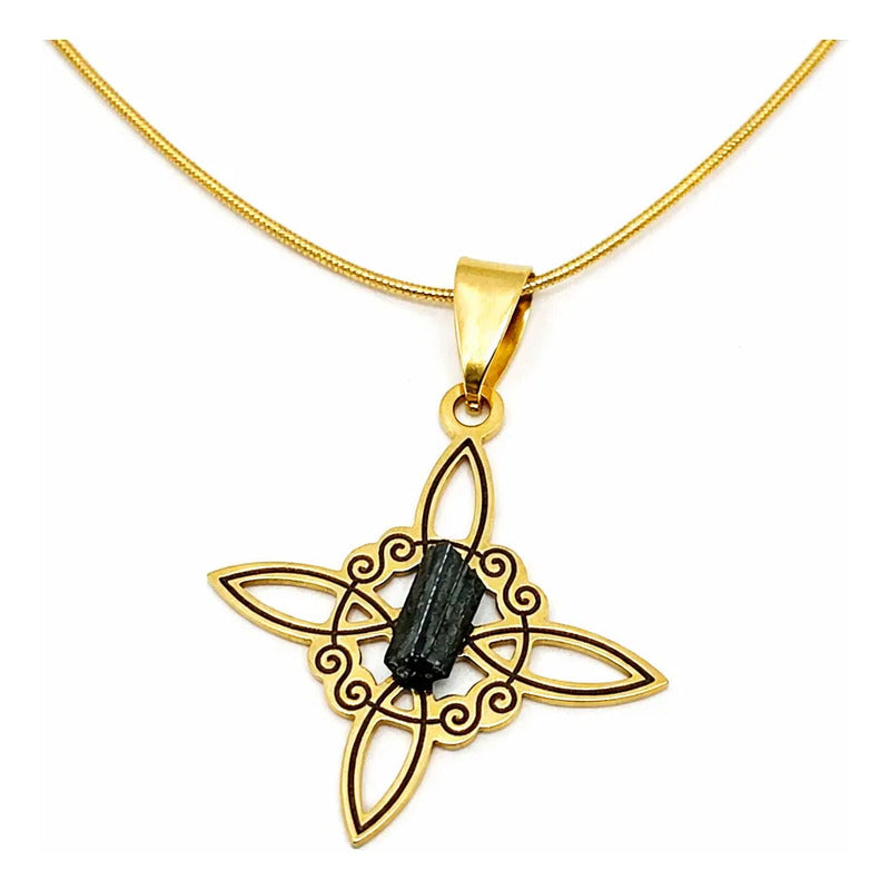 Collar Protección Nudo De Bruja Turmalina + Cadena De Acero Nudo De Bruja Y Turmalina