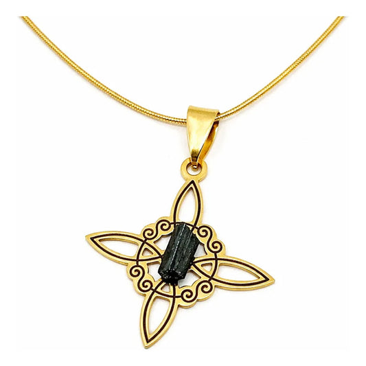 Collar Protección Nudo De Bruja Turmalina + Cadena De Acero Nudo De Bruja Y Turmalina