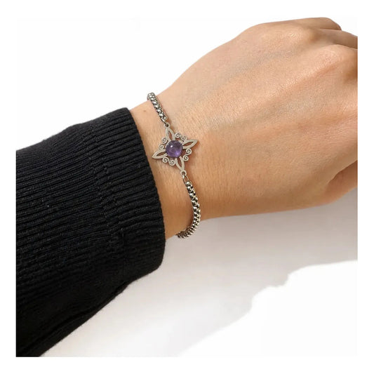 Pulsera Mujer Nudo Bruja Y Piedra Amatista De Acero - Divina Existencia Plateado 18 Cm 19 Cm