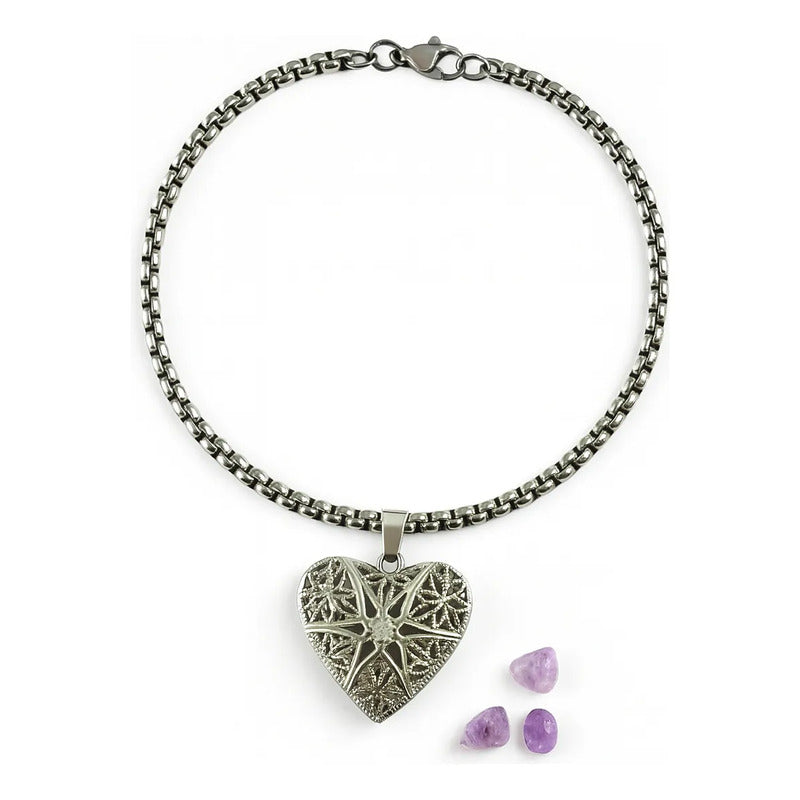 Pulsera Relicario Amatista Con Dije - Divina Existencia Pulsera Corazón Amatista 9 Cm 21 Cm