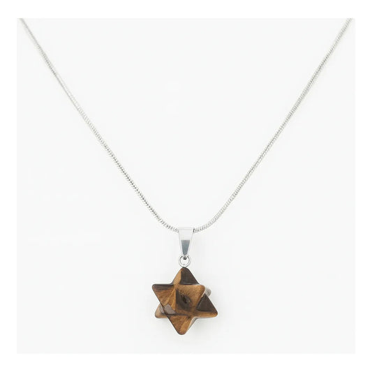 Collar De Piedra Natural Estrella Merkaba + Cadena Acero Color Ojo De Tigre