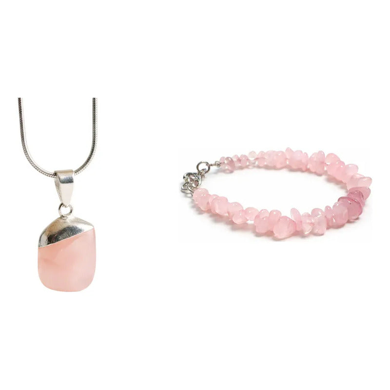 Kit Amor: Collar Cristal Cuarzo Rosa + Pulsera Piedras Naturales Cuarzo Rosa 8-21 Cm