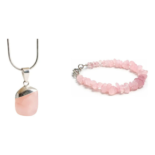 Kit Amor: Collar Cristal Cuarzo Rosa + Pulsera Piedras Naturales Cuarzo Rosa 8-21 Cm