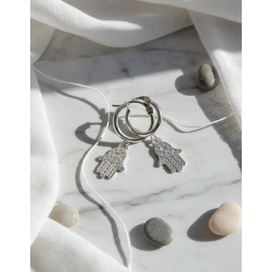 Par Aros Argollitas De Acero Quirúrgico Hamsa Mano De Fátima Gris