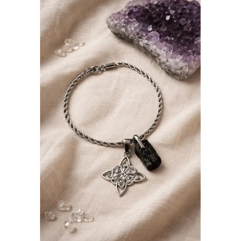 Pulsera Amuleto  Protectora Nudo De Bruja Y Turmalina Acero Nudo De Bruja Turmalina 9 Cm 19 Cm