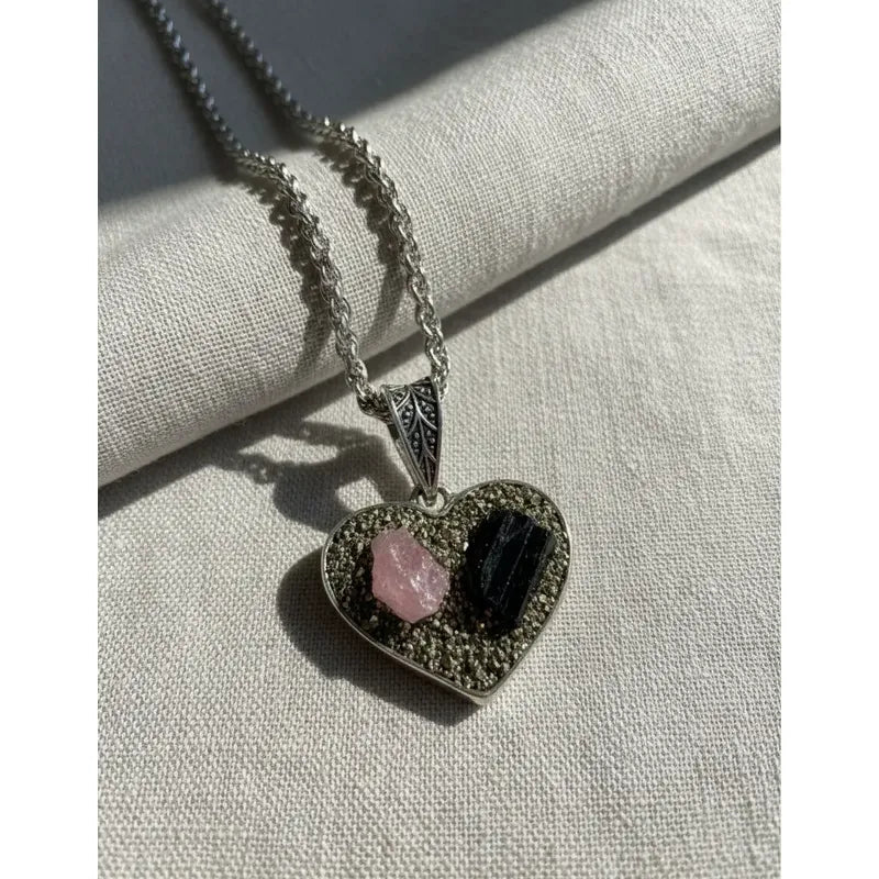 Collar Corazón Piedra Turmalina Rosa Negra Y Pirita + Cadena Corazón Pirita Y Turmalina Rosa Y Negra
