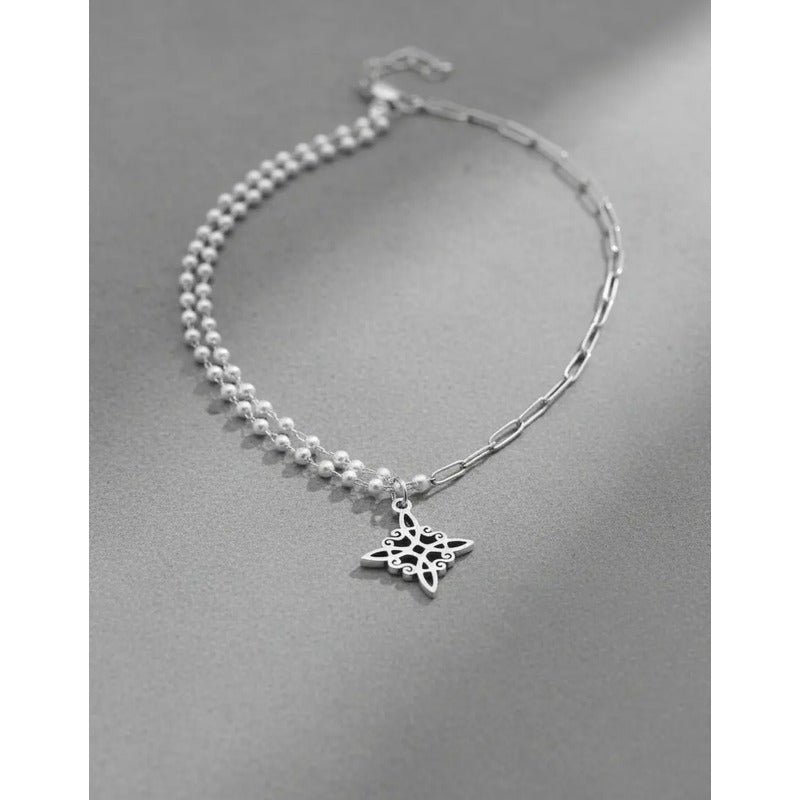 Collar Amuleto Nudo De Bruja Con Perlas Y Cadena Clip Acero Nudo De Bruja