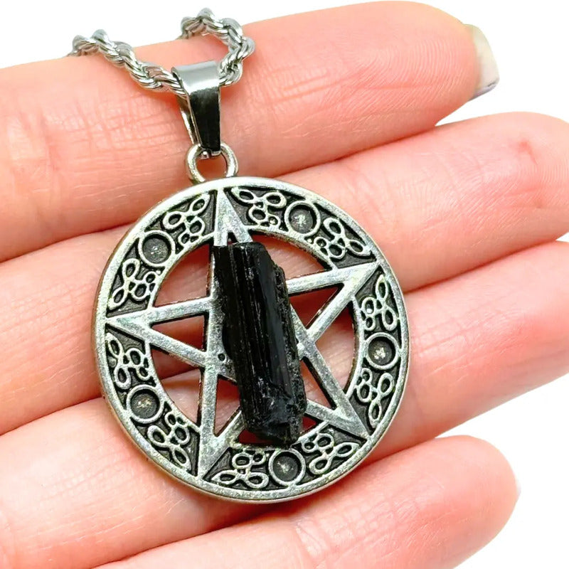 Collar Protección Pentagrama Y Turmalina + Cadena De Acero Pentagrama Turmalina