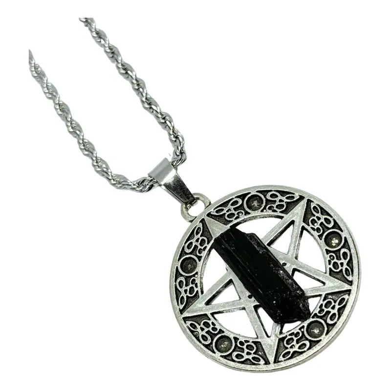 Collar Protección Pentagrama Y Turmalina + Cadena De Acero Pentagrama Turmalina