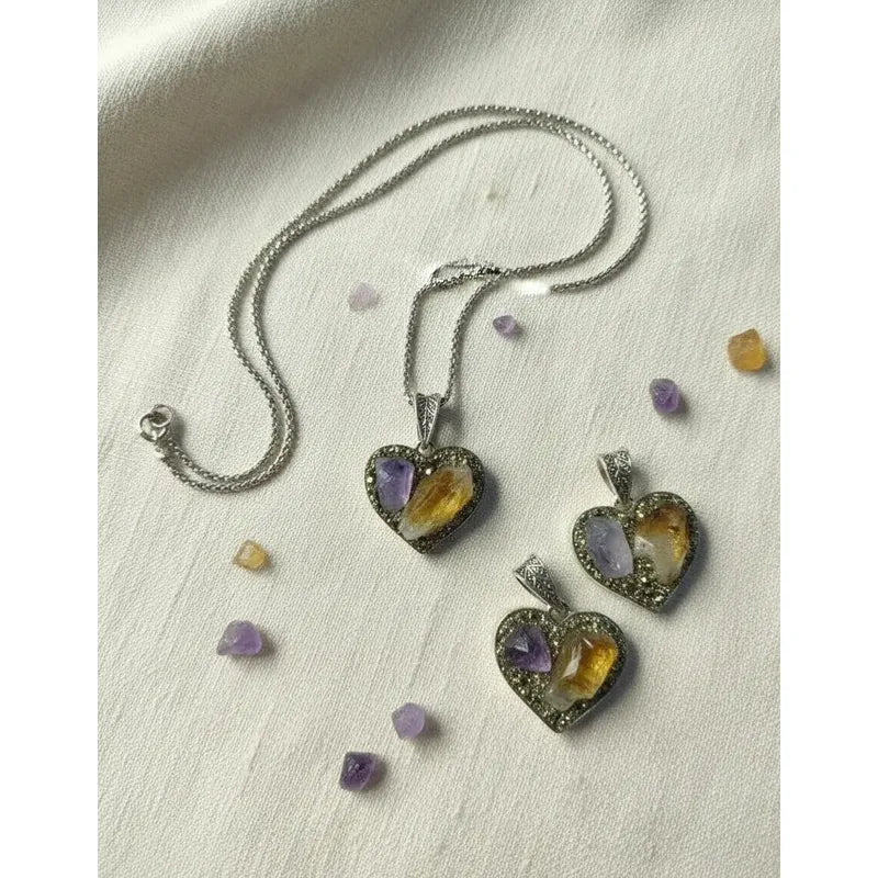 Collar Armonía Y Abundancia Corazón Amatista Pirita + Cadena Amatista Y Citrino Con Pirita