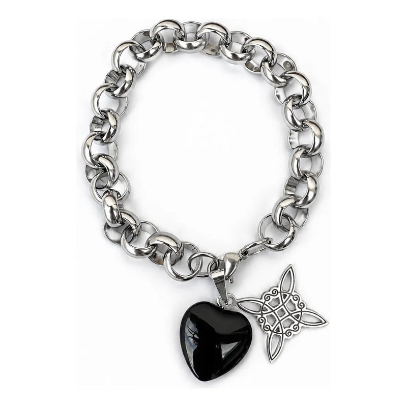 Pulsera Protección De Nudo Bruja Y Corazón Piedra Natural Obsidiana 8 Cm 20 Cm