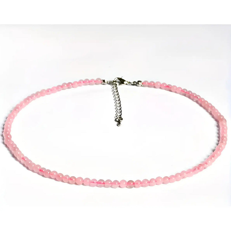 Collar Choker Mini Cuentas Piedras Naturales Delicado 40 Cm Cuarzo Rosa