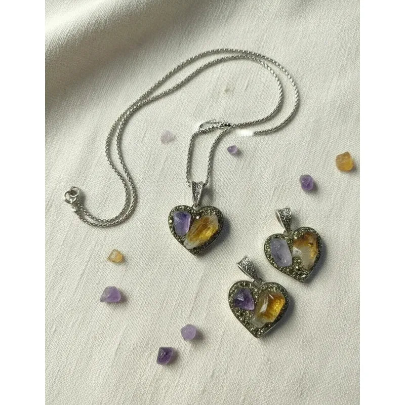 Collar Armonía Y Abundancia Corazón Amatista Pirita + Cadena Amatista Y Citrino Con Pirita Amatista Citrino Con Pirita