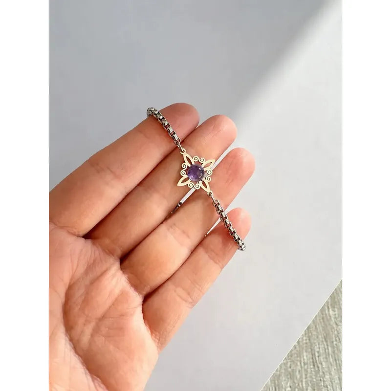 Pulsera Mujer Nudo Bruja Y Piedra Amatista De Acero - Divina Existencia Plateado 18 Cm 19 Cm