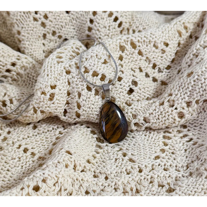 Collar Gota Ojo De Tigre, Piedra Natural Y Acero 50cm Gota Ojo De Tigre