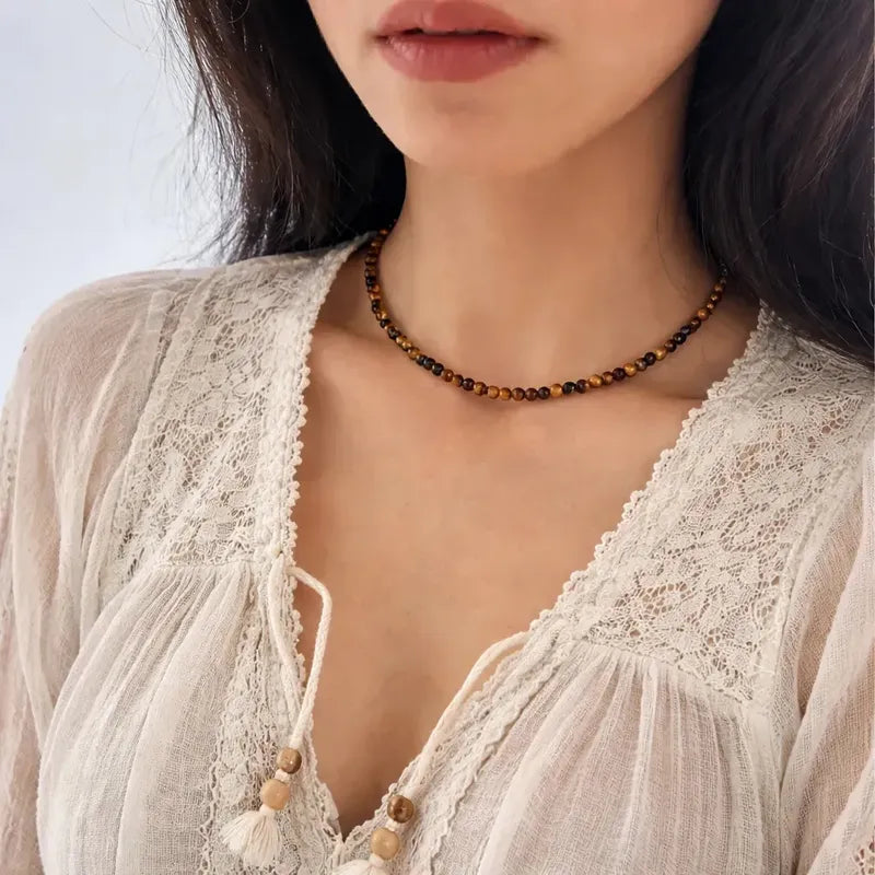 Collar Choker Mini Cuentas Piedras Naturales Delicado 40 Cm Ojo De Tigre 4 Mm