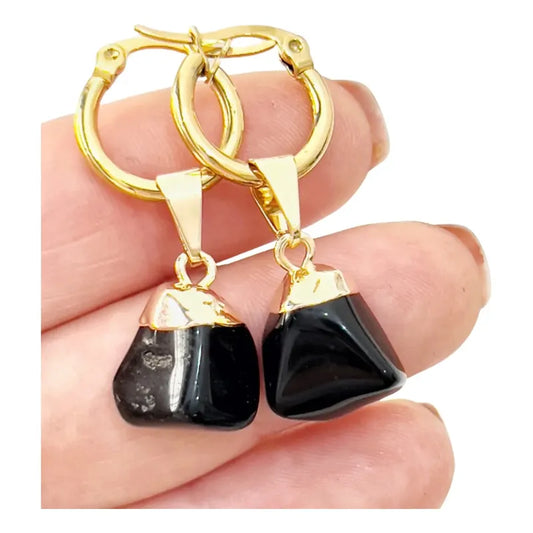 Par De Aros Mujer Con Obsidiana Piedra Natural Acero Dorado Obsidiana Dorado