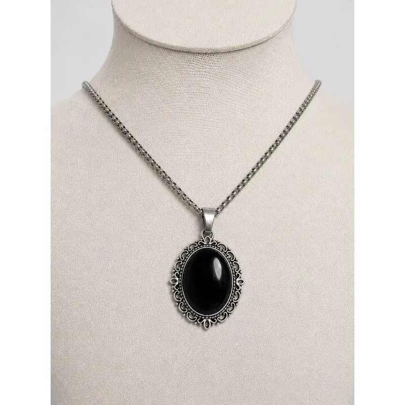 Collar Protector Camafeo De Obsidiana + Cadena Acero Camafeo Obsidiana