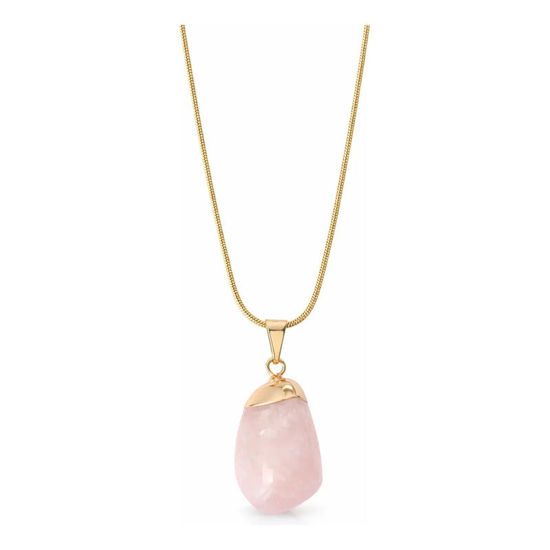 Collar Amor Propio Cristal Cuarzo Rosa + Cadena De Acero Cuarzo Rosa Dorado