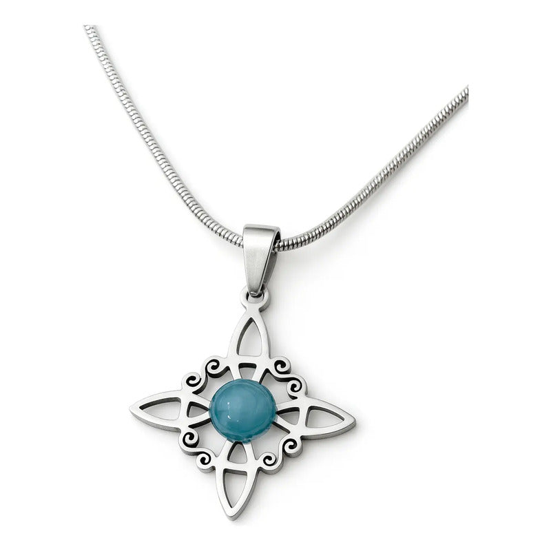 Collar Protección Nudo De Bruja Ágata Celeste Con Cadena