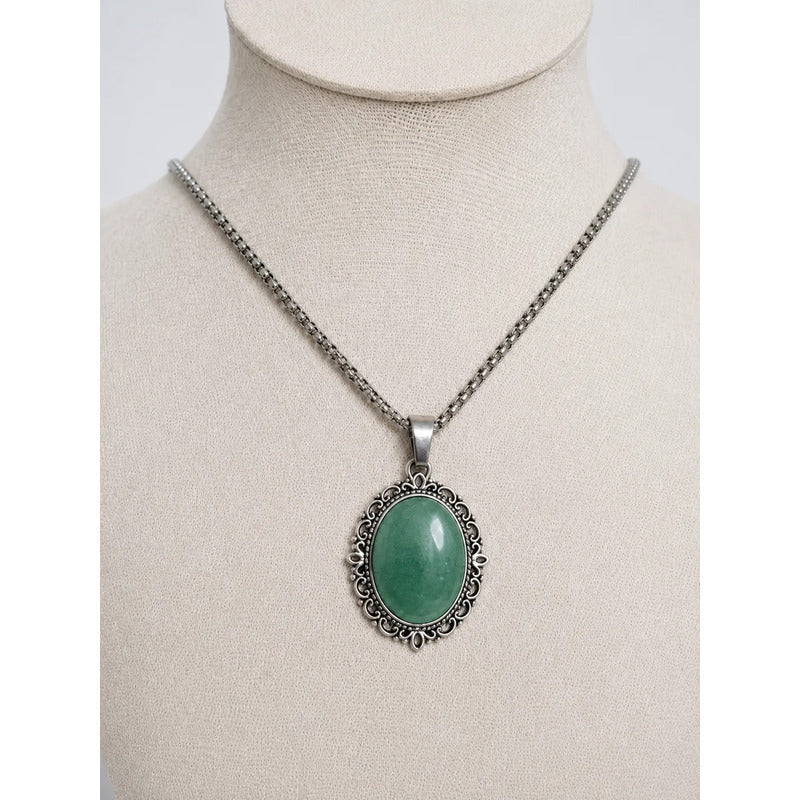 Collar Sanación Cuarzo Verde Con Cadena De Acero 50 Cm Camafeo Cuarzo Verde