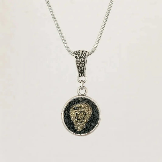 Collar Protección De Turmalina Con Pirita Y Cadena De Acero Pirita Con Turmalina Invertido