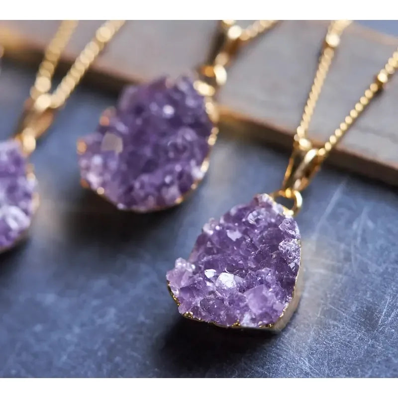 Collar Drusa De Amatista Con Baño De Plata Y Cadena De Acero