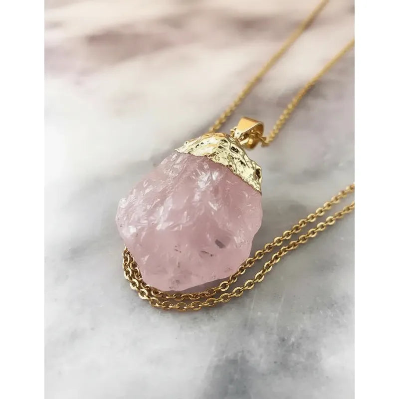 Collar Cuarzo Rosa Piedra Natural Bruto Dorado Con Cadena Cuarzo Rosa
