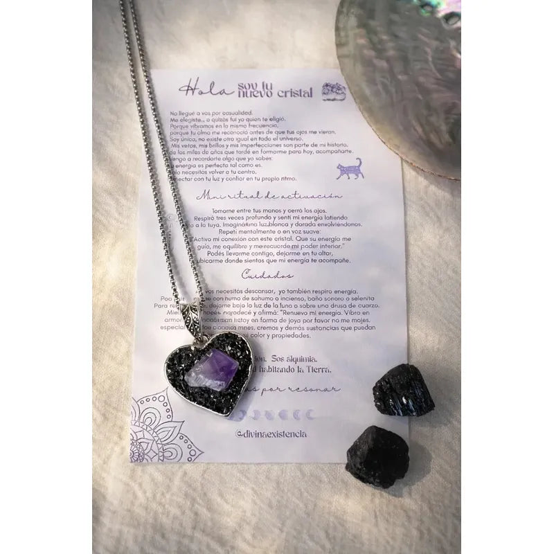 Collar Transmutación Protección Corazón Amatista Y Turmalina Corazón Amatista Turmalina