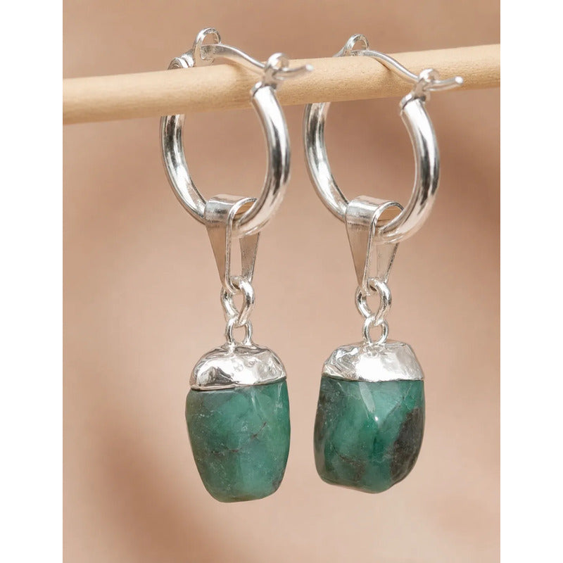 Aros Raíz De Esmeralda En Acero Baño De Plata Esmeralda