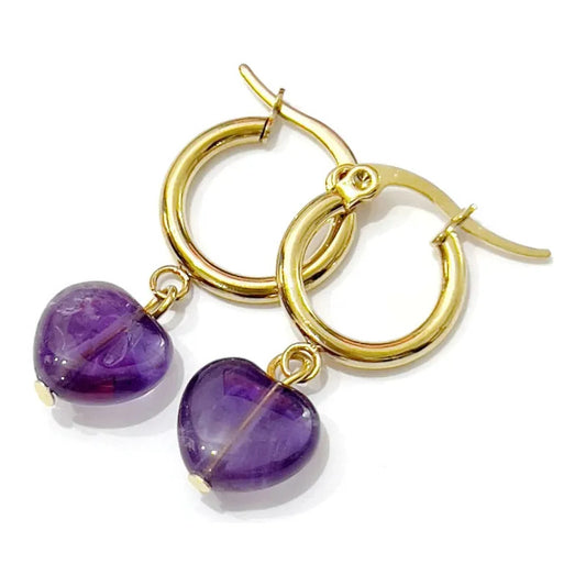 Aritos Mujer Transmutación Corazón Amatista Piedra Natural Trasmutación - Amatista