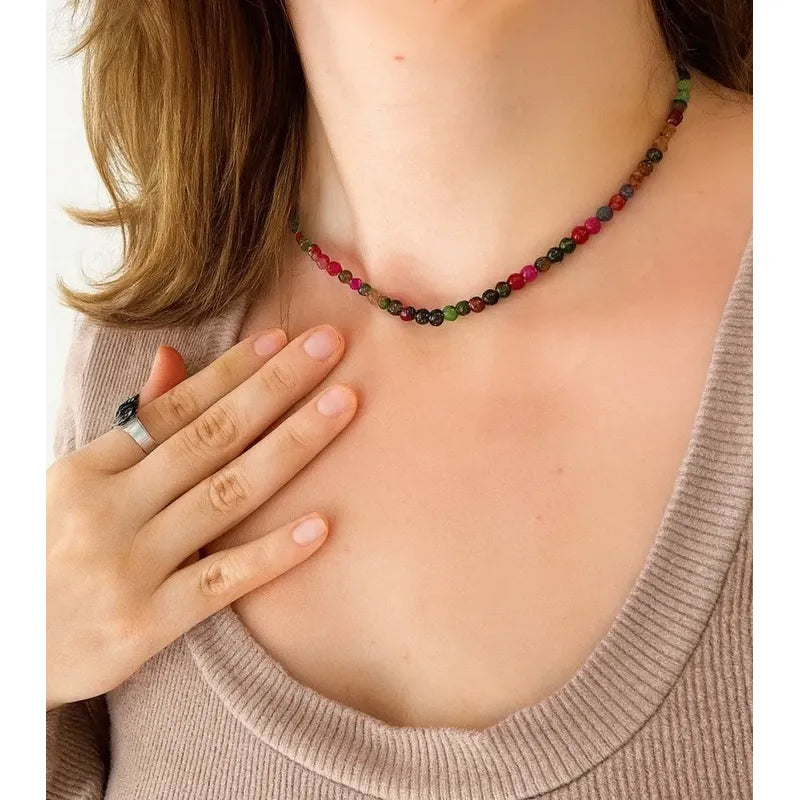 Collar Choker Mini Cuentas Piedras Naturales Delicado 40 Cm Mix De Turmalinas
