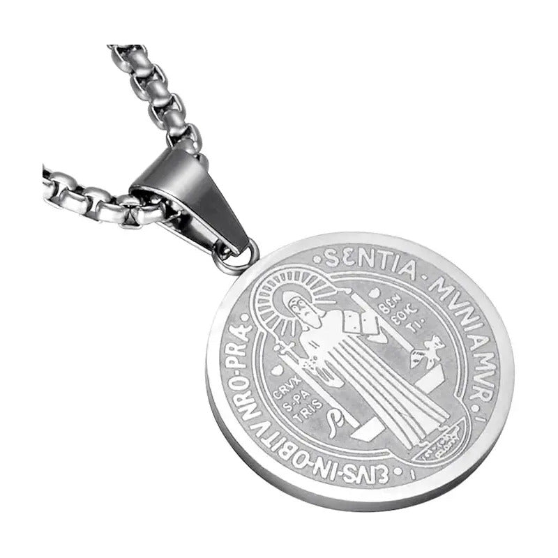 Collar Completo Medalla San Benito Unisex Acero Protección Acero Quirúrgico