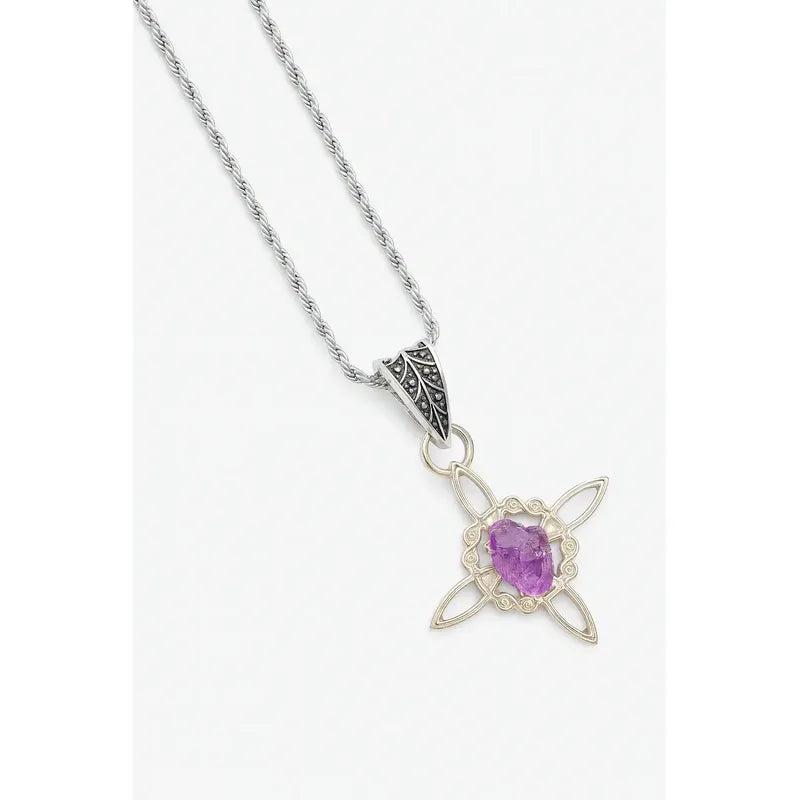 Collar Protección Nudo De Bruja + Amatista Y Cadena De Acero Nudo De Bruja Piedra Bruto