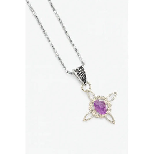 Collar Protección Nudo De Bruja + Amatista Y Cadena De Acero Nudo De Bruja Piedra Bruto