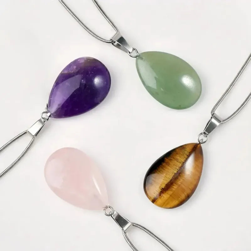 Collar Gota De Piedra Natural Con Cadena Acero Cuarzo Rosa - Amor
