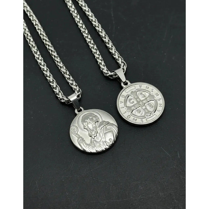 Collar Protector Medalla De San Benito + Cadena De Acero Medalla 18 Mm
