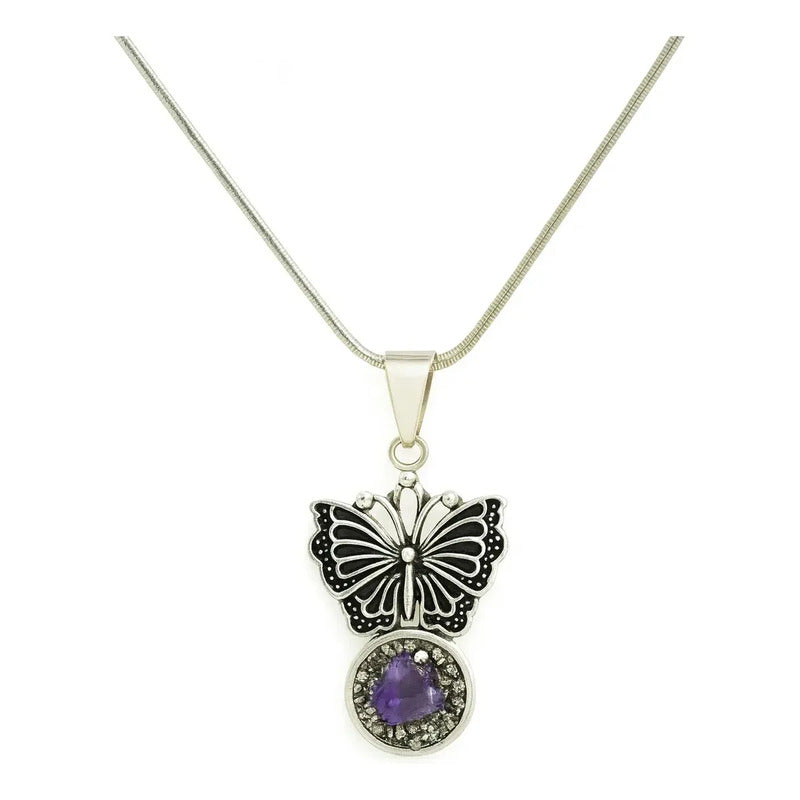 Dije De Amatista Y Pirita Divina Existencia Transmutación Amatista Con Amatista Y Diseño De Mariposa - 50cm De Largo Camafeo Amatista Pulido