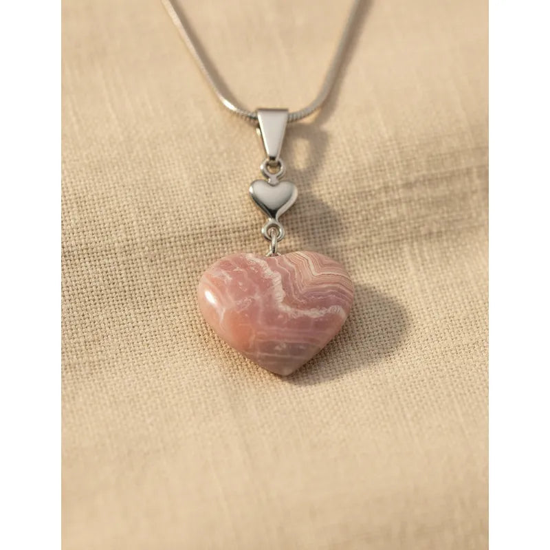 Collar Rodocrosita Y Pirita Con Forma De Corazón + Cadena Corazón Doble Rodocrosita