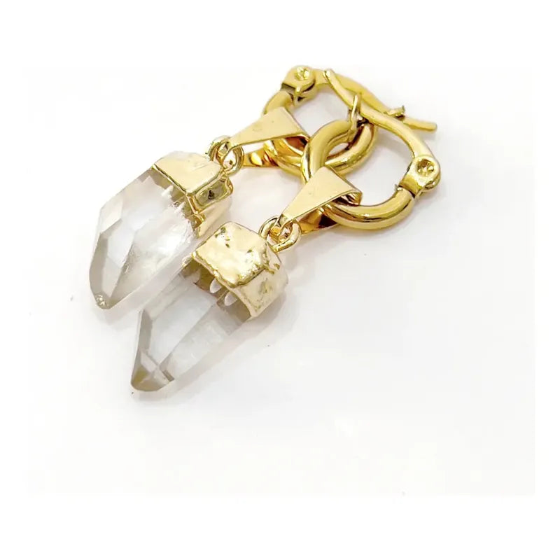 Par De Aros Punta De Cuarzo Cristal Acero Quirúrgico Dorado Punta De Cuarzo