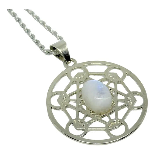 Collar Cubo Metatron Grande Con Piedra De La Luna + Cadena Metatron Adularia