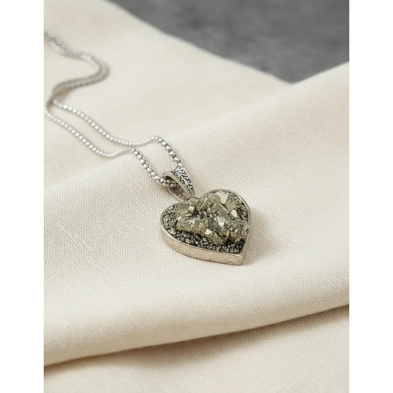 Collar Abundancia Corazón Con Piedra Pirita Con Cadena Corazón Pirita