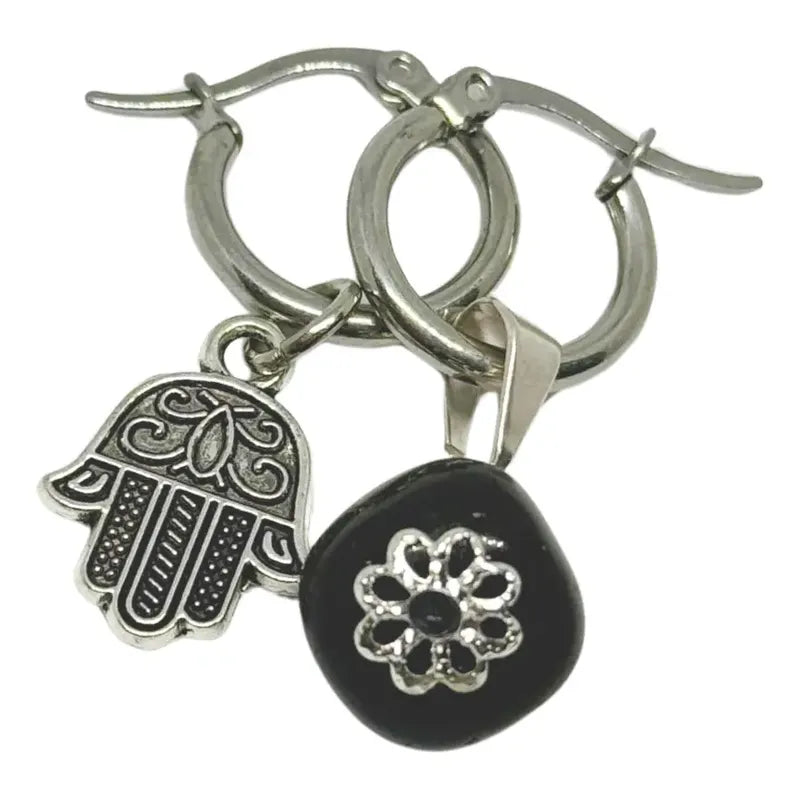 Aros Mujer Obsidiana Piedra Natural Y Mano De Fátima Hamsa
