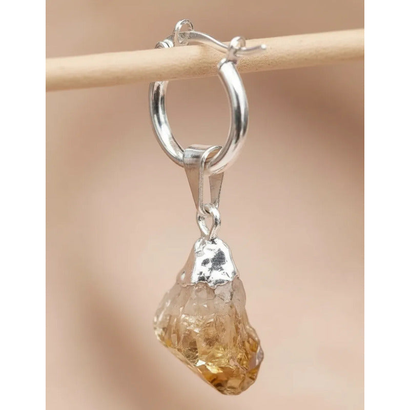 Par Aros De Acero Quirúrgico Con Piedra Citrino Auténtica Aro Citrino Bruto