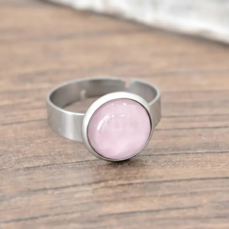 Anillo Regulable Acero Quirúrgico Cuarzo Rosa/blanco