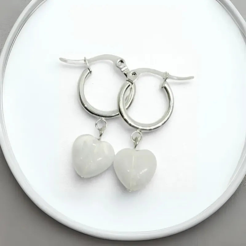 Par Aros Mujer Corazón Protección Cuarzo Blanco Hermosos!